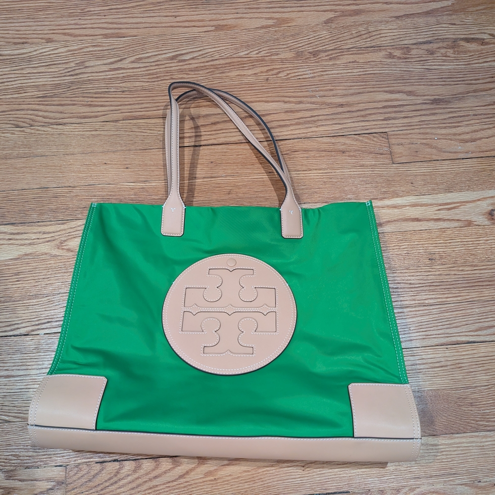 Tory Burch Green and Tan Tote Bag